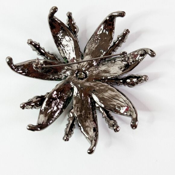 Vintage | Dark Blue Teal Dark Green Rhinestone Flower Brooch Pin - Picture 3 of 5